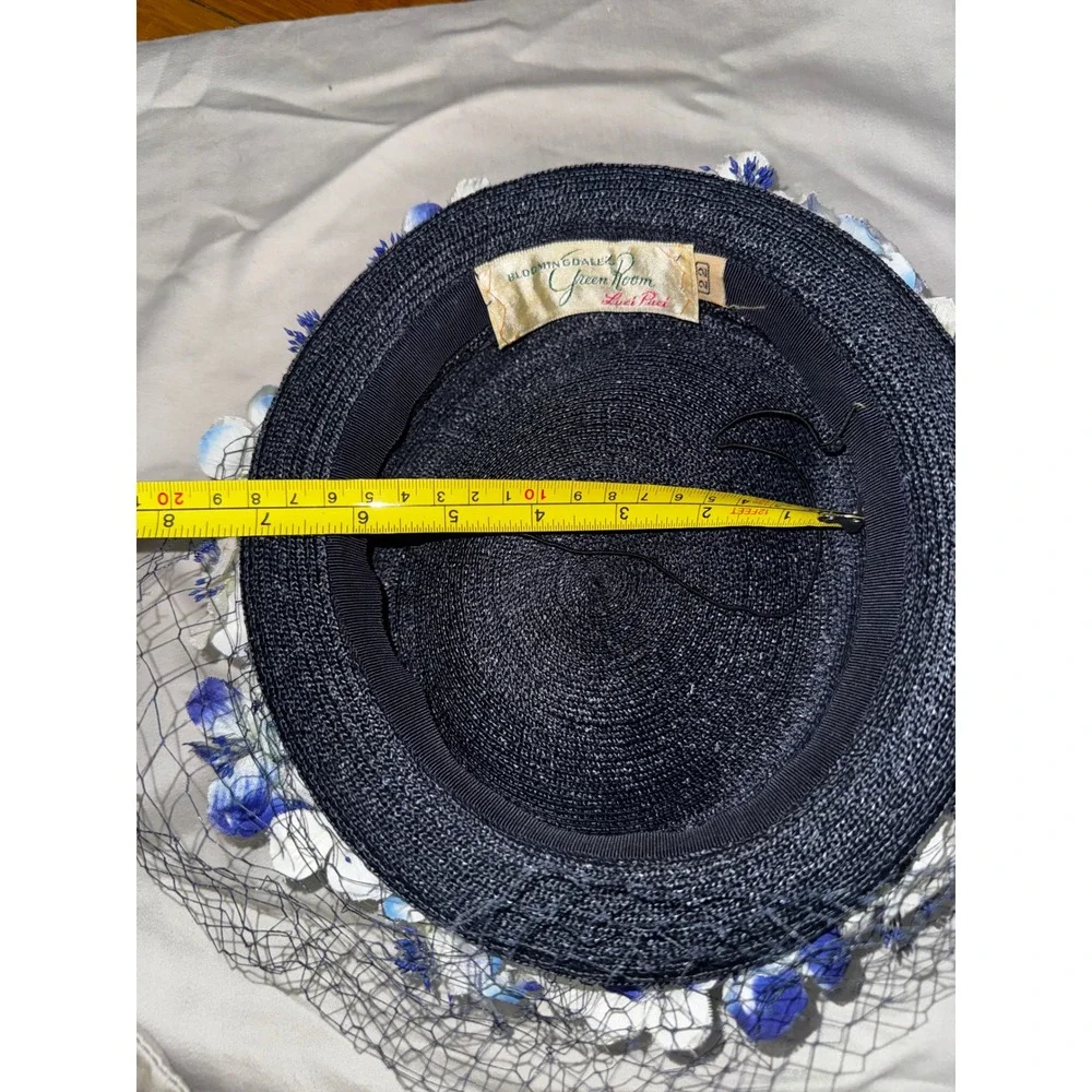 Vintage Luci Puci Bloomingdales Navy Straw Floral Pillbox Hat Birdcage‎ Veil 22